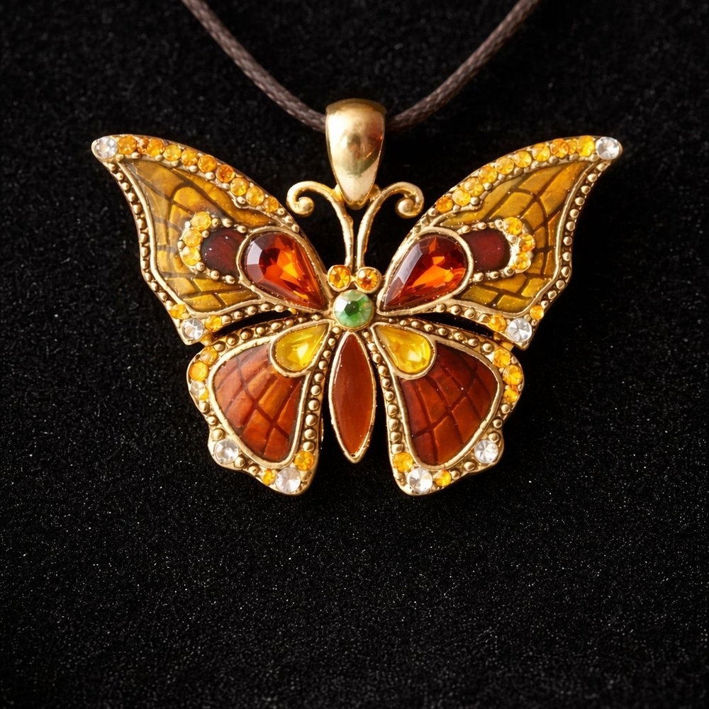 Vintage Orange and Brown Butterfly Pendant Necklace